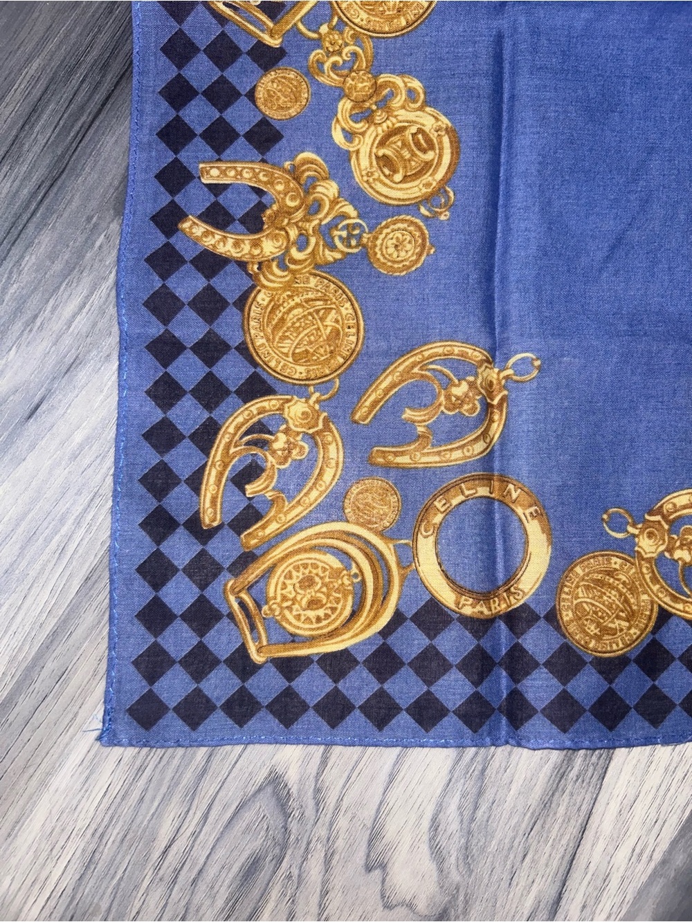 Vintage Celine Blue Cotton Handkerchief with Gold Medallion Design - Picture 6 of 11